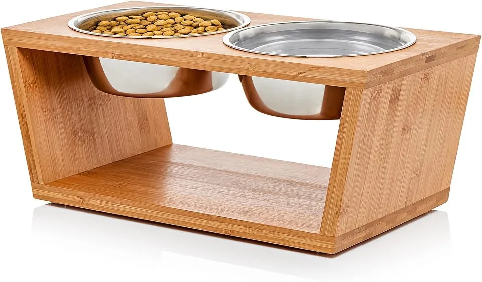 LUSMO Elevated Bamboo Pet Bowl